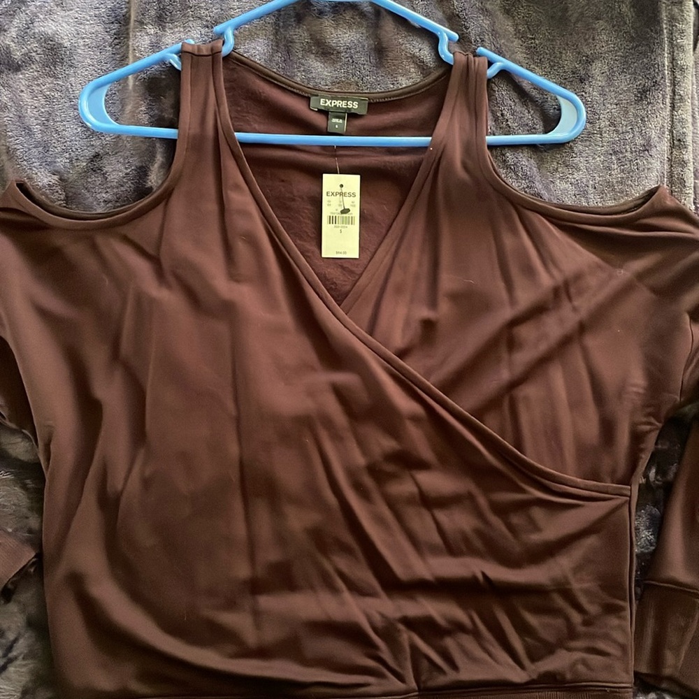 Express V-Neck Faux Wrap Open Shoulder Sweatshirt - Eggplant - NWT - Size S